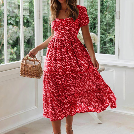 Summer Dress,Flowy,Women,Square Neckline Short Sleeve Printed Red L