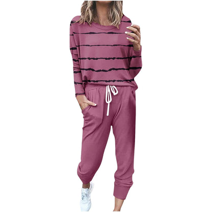 Two Piece Outfits for Women Jogging Suits Casual Striped Printed Long Sleeve Sweatsuits Jogger Pants Workout Athletic Tracksuits with Pockets
