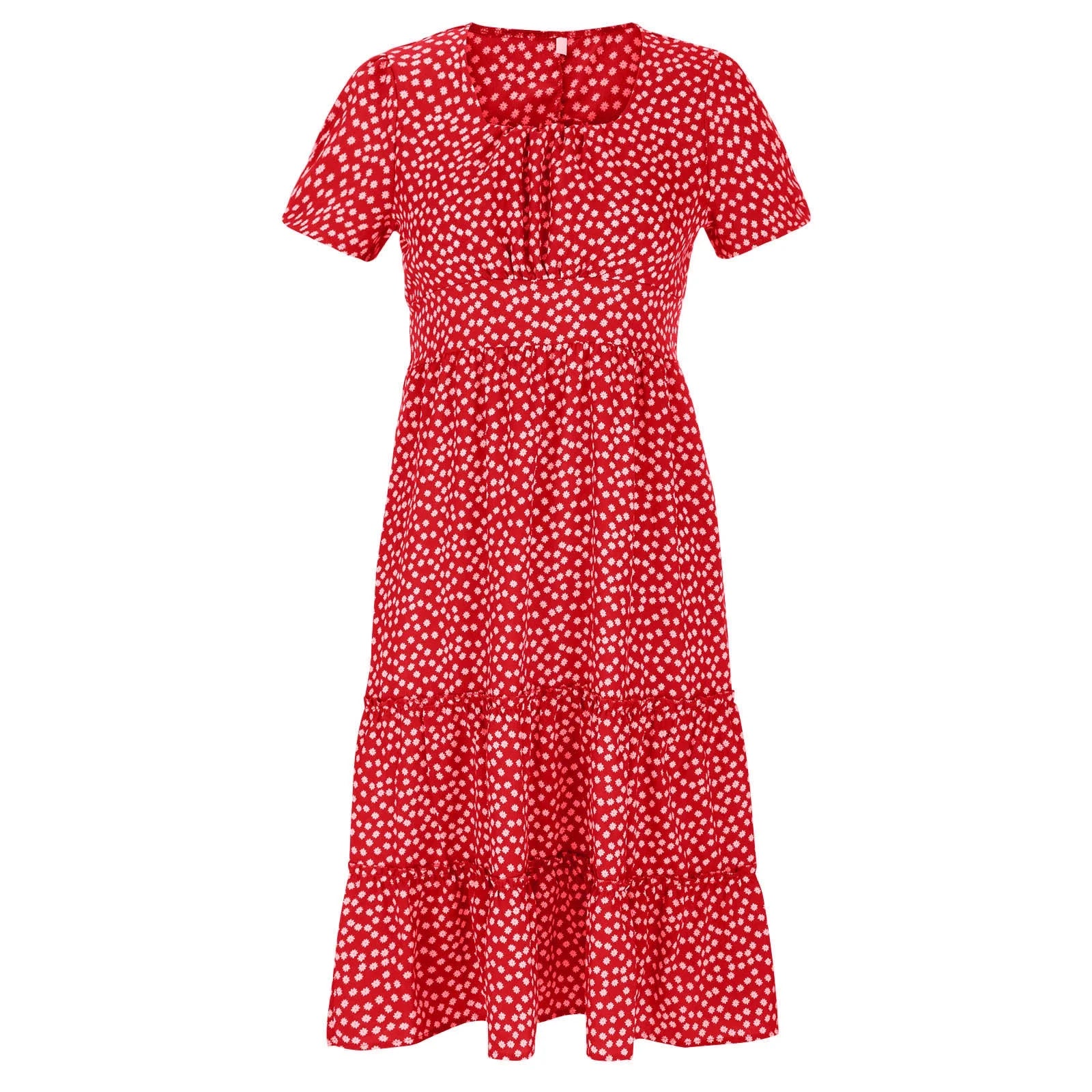 Summer Dress,Flowy,Women,Square Neckline Short Sleeve Printed Red L