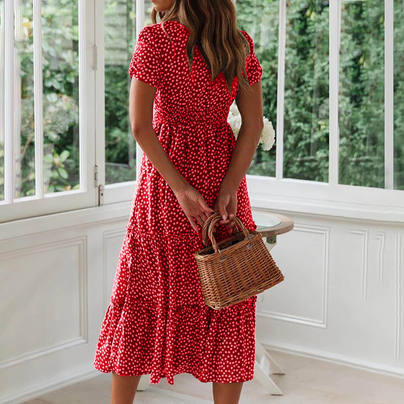Summer Dress,Flowy,Women,Square Neckline Short Sleeve Printed Red L