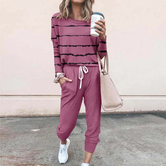 Two Piece Outfits for Women Jogging Suits Casual Striped Printed Long Sleeve Sweatsuits Jogger Pants Workout Athletic Tracksuits with Pockets