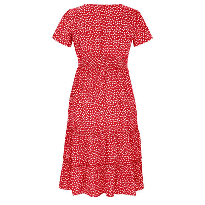 Summer Dress,Flowy,Women,Square Neckline Short Sleeve Printed Red L