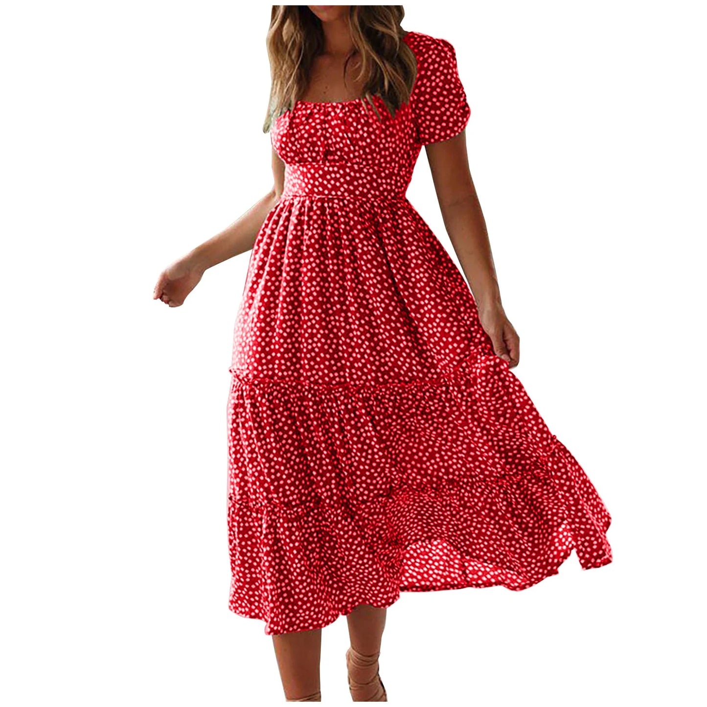 Summer Dress,Flowy,Women,Square Neckline Short Sleeve Printed Red L