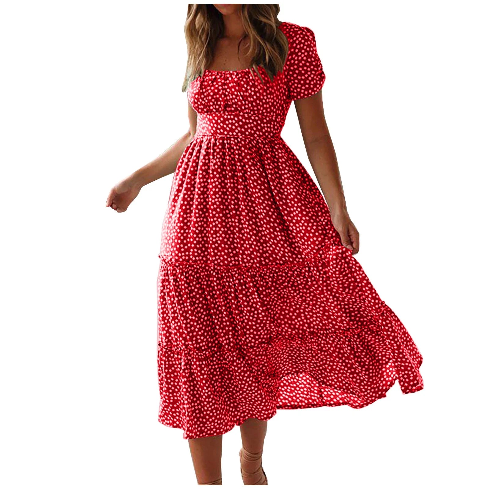 Summer Dress,Flowy,Women,Square Neckline Short Sleeve Printed Red L
