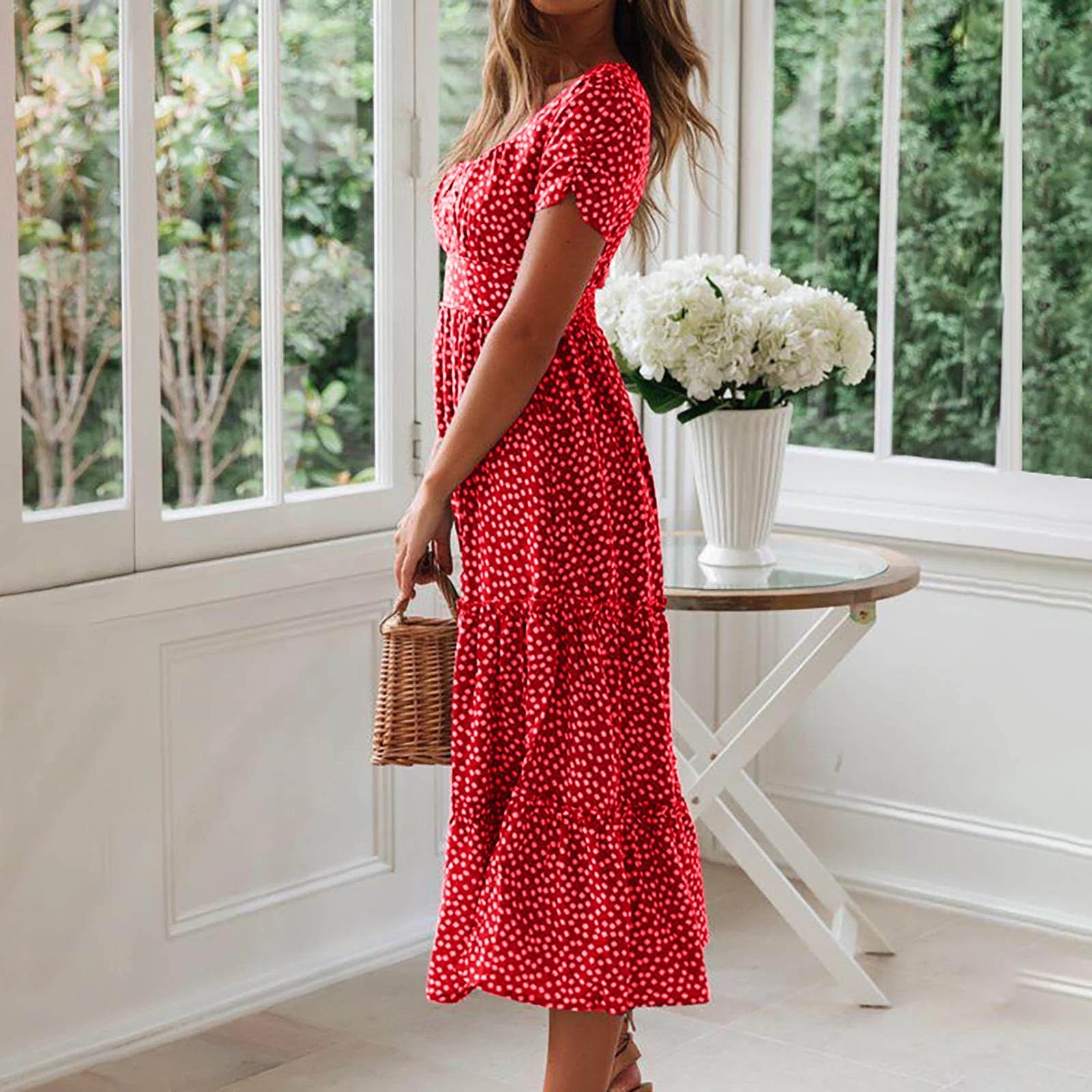 Summer Dress,Flowy,Women,Square Neckline Short Sleeve Printed Red L