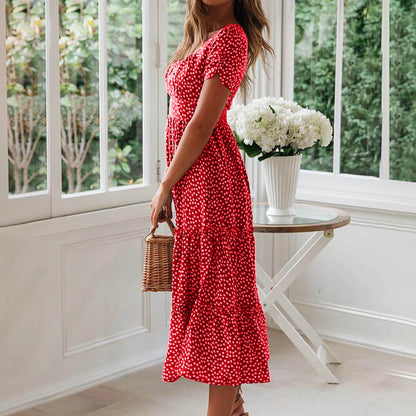 Summer Dress,Flowy,Women,Square Neckline Short Sleeve Printed Red L