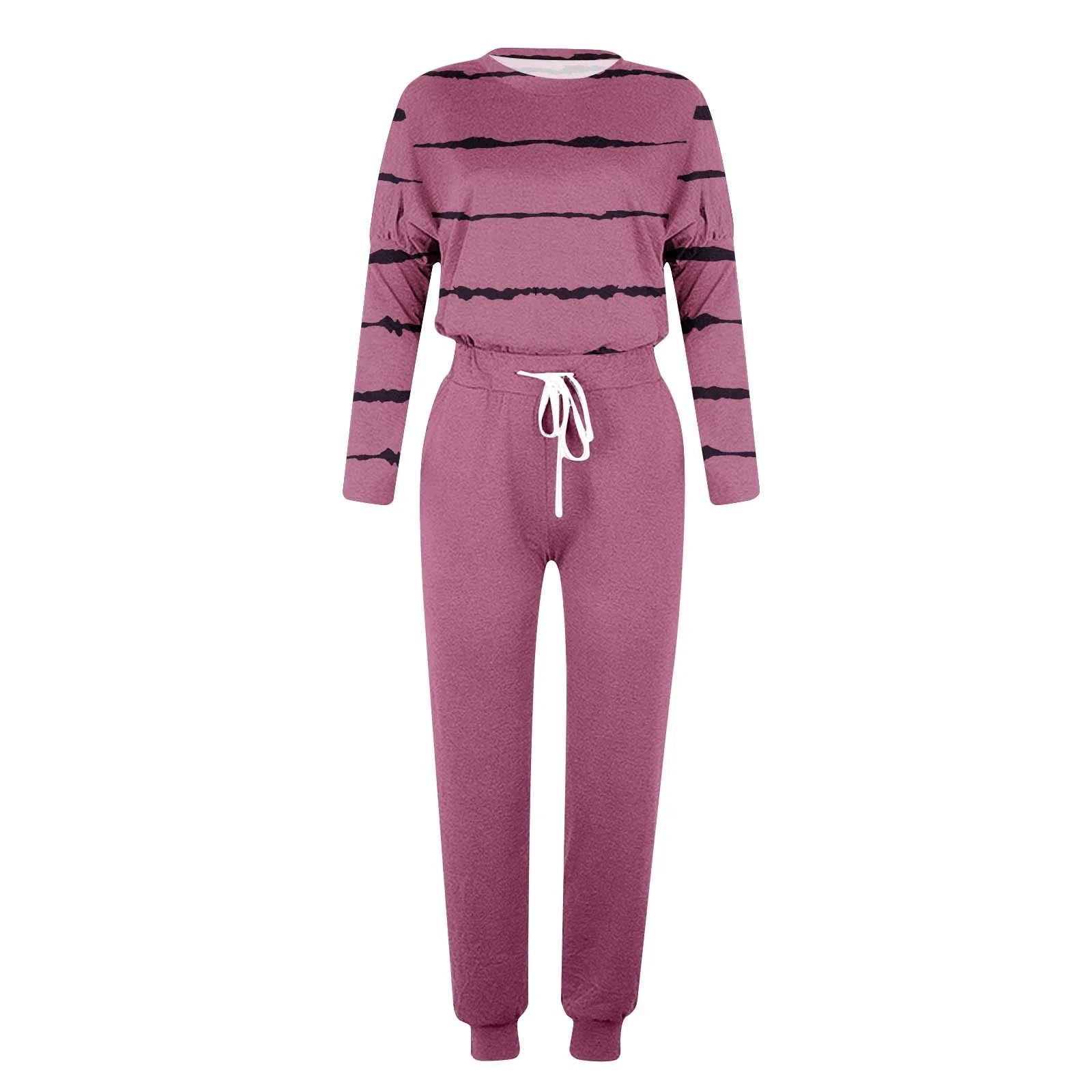 Two Piece Outfits for Women Jogging Suits Casual Striped Printed Long Sleeve Sweatsuits Jogger Pants Workout Athletic Tracksuits with Pockets
