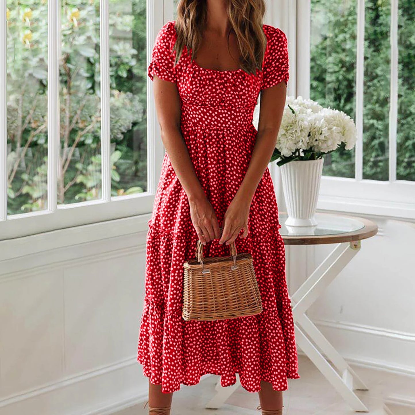 Summer Dress,Flowy,Women,Square Neckline Short Sleeve Printed Red L