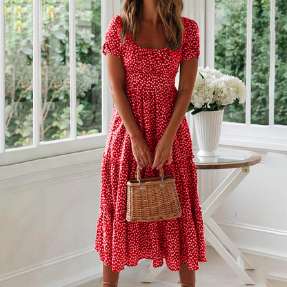 Summer Dress,Flowy,Women,Square Neckline Short Sleeve Printed Red L